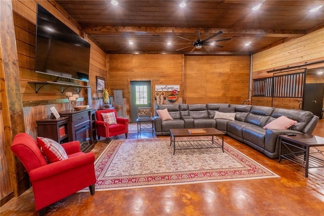 living room with wood ceiling, wooden walls, and ceiling fan