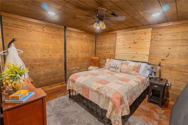 bedroom featuring light carpet, wooden walls, wood ceiling, and ceiling fan