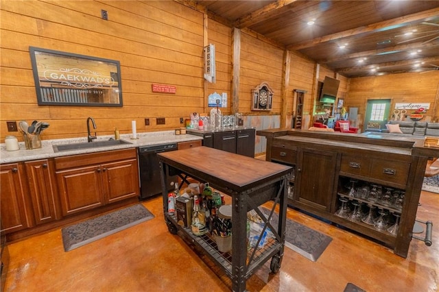 kitchen with wood ceiling, wooden walls, black dishwasher, and sink