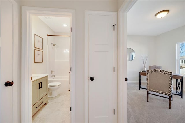 full bathroom with vanity, shower / bathtub combination, and toilet