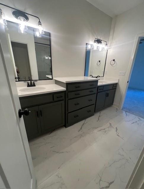 2143 Crooked Creek Dr, Kearney, MO 64060 - bathroom with marble look tile flooring and two vanities
