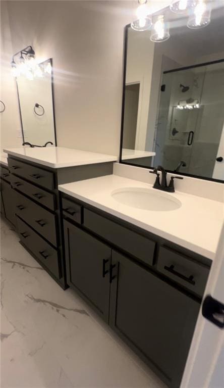 2143 Crooked Creek Dr, Kearney, MO 64060 - full bathroom with a shower stall, marble look tiles, and vanity