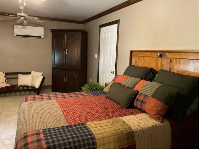 bedroom with ornamental molding, carpet flooring, ceiling fan, and a wall mounted air conditioner