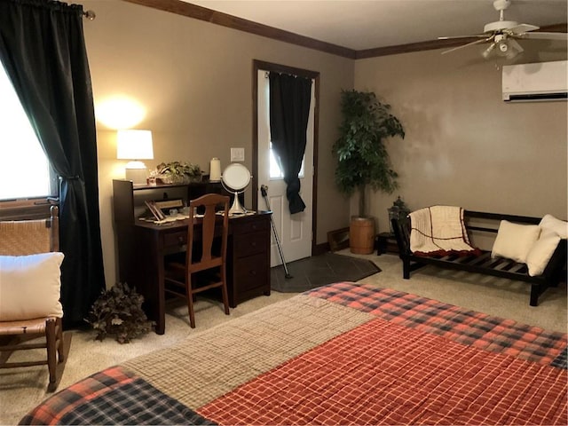 carpeted bedroom featuring ornamental molding, ceiling fan, and an AC wall unit