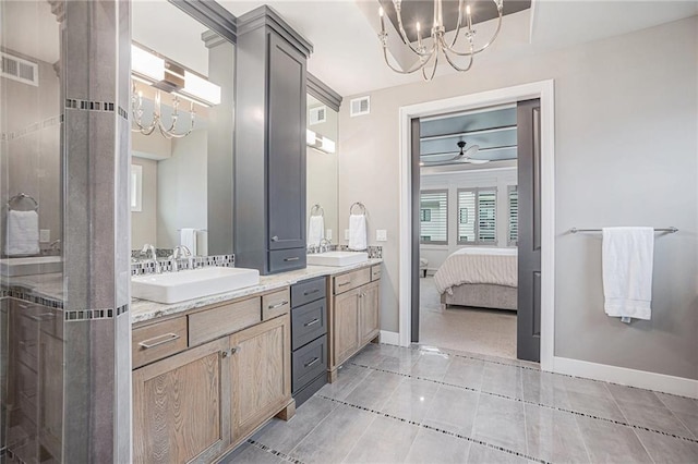 bathroom with vanity, tile patterned floors, and ceiling fan