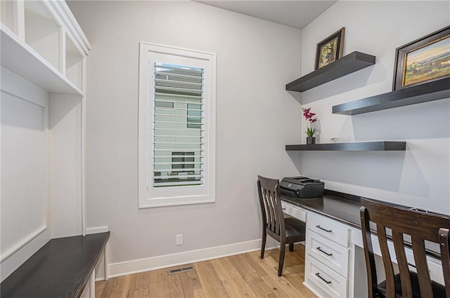 home office featuring built in desk and light hardwood / wood-style floors