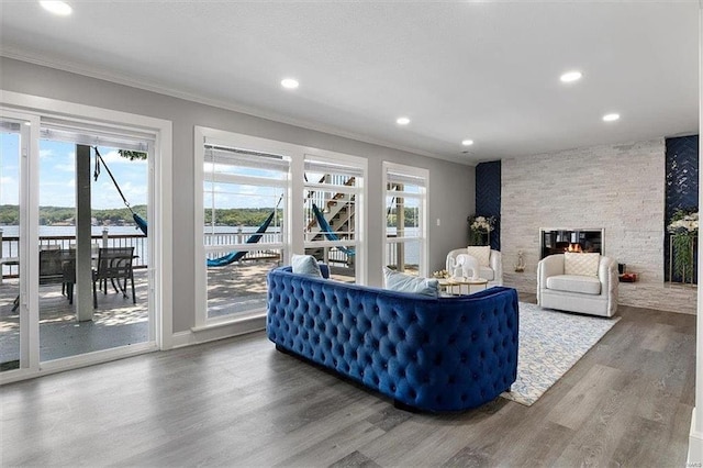 living room with a water view, a stone fireplace, hardwood / wood-style flooring, and crown molding