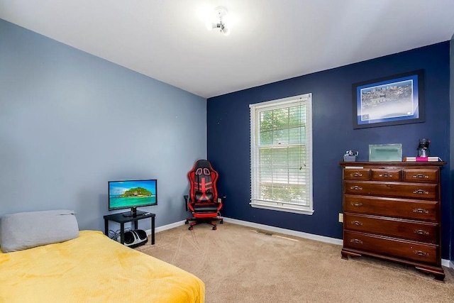 bedroom with light carpet