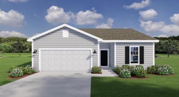 ranch-style home featuring a garage and a front lawn