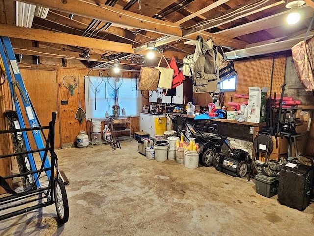 basement with a workshop area