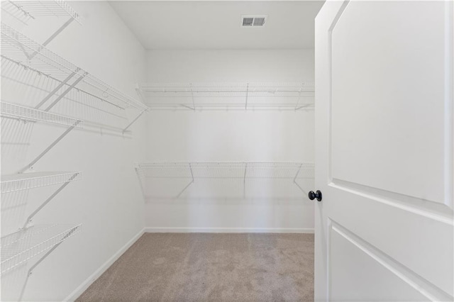 walk in closet featuring light colored carpet