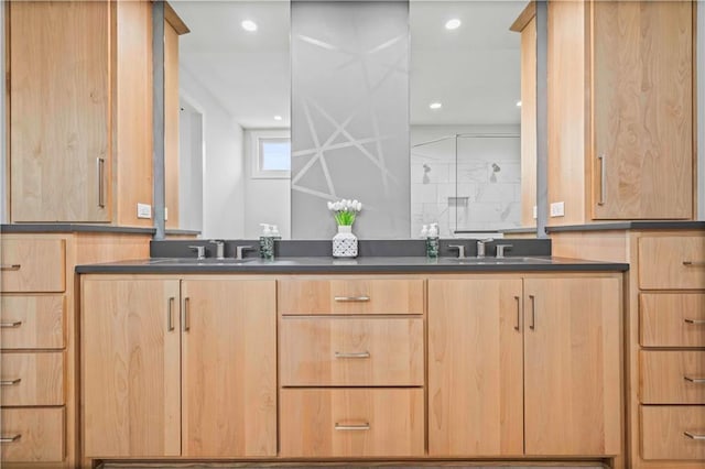 bathroom featuring a shower, vanity, and decorative backsplash