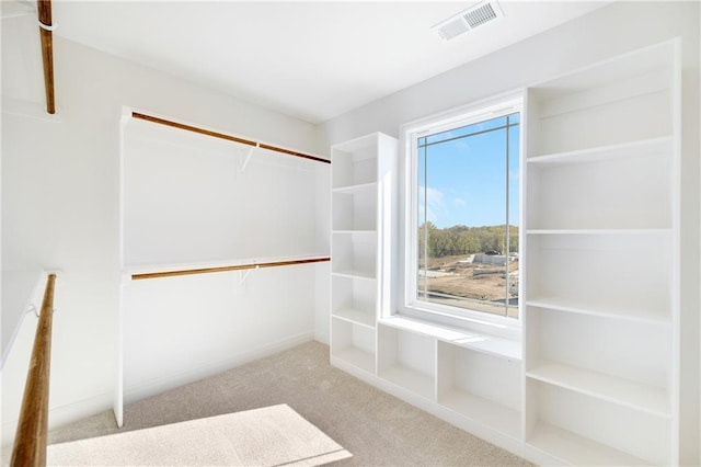 walk in closet featuring light colored carpet