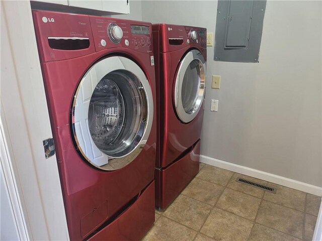 501 Meadow Ln, Fort Scott, KS 66701 - washroom featuring light tile patterned flooring, electric panel, and washing machine and dryer