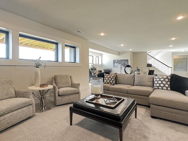 8013 Millridge St, Shawnee, KS 66220 - living room with stairway, carpet flooring, visible vents, and recessed lighting