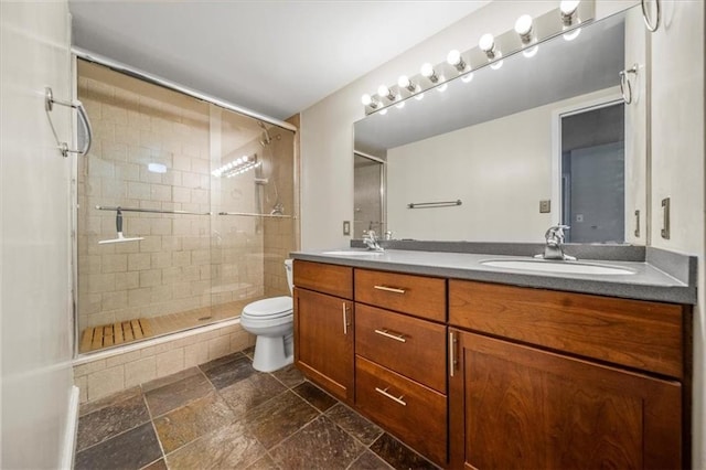 bathroom with vanity, an enclosed shower, and toilet