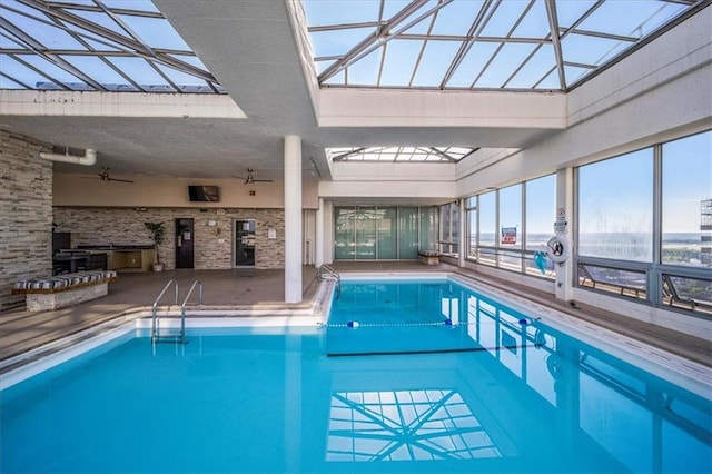 view of swimming pool featuring a skylight