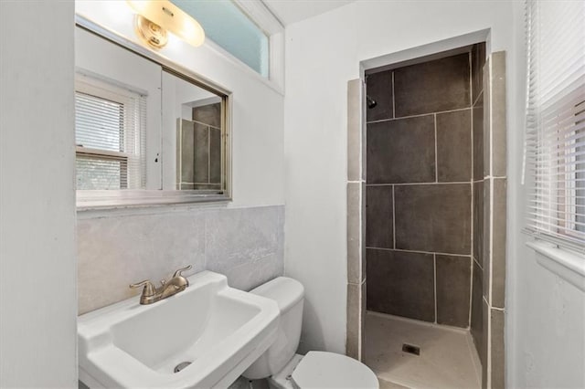 bathroom with toilet, sink, and walk in shower