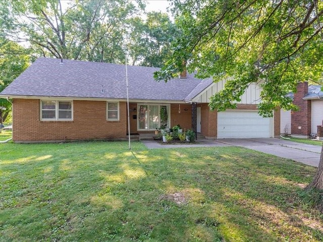 ranch-style house with a garage and a front lawn