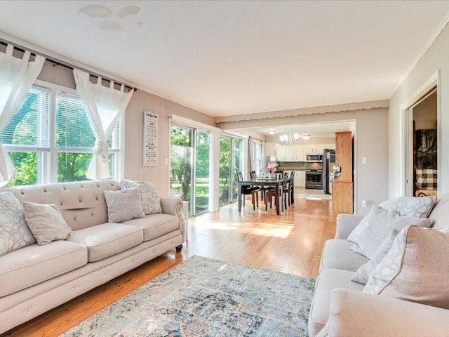 living room featuring light hardwood / wood-style flooring and a notable chandelier