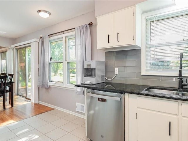 kitchen with white cabinetry, sink, stainless steel dishwasher, dark stone countertops, and decorative backsplash