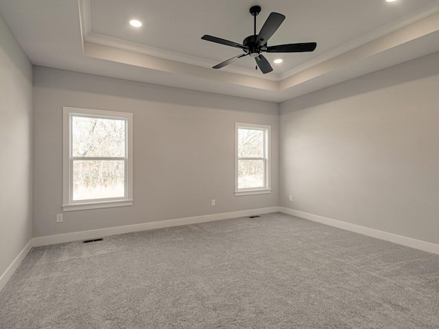 carpeted spare room featuring ornamental molding, ceiling fan, and a raised ceiling