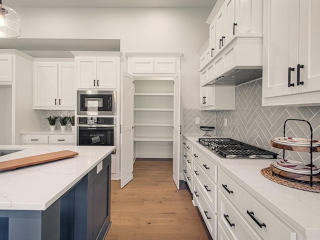 12435 Appaloosa St, Platte City, MO 64079 - kitchen with stainless steel appliances, light wood finished floors, white cabinets, tasteful backsplash, and light stone countertops