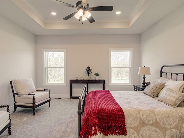 12435 Appaloosa St, Platte City, MO 64079 - carpeted bedroom featuring multiple windows, a tray ceiling, crown molding, baseboards, and recessed lighting