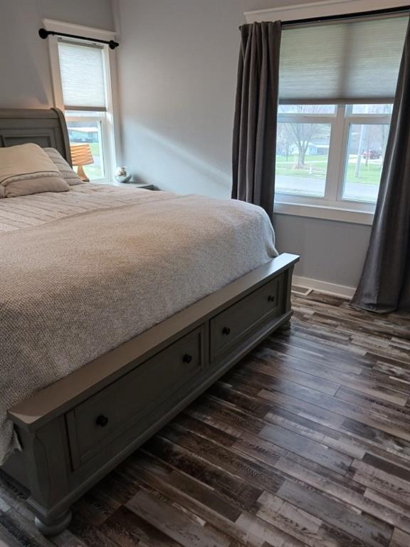 bedroom featuring multiple windows, baseboards, and dark wood-style flooring