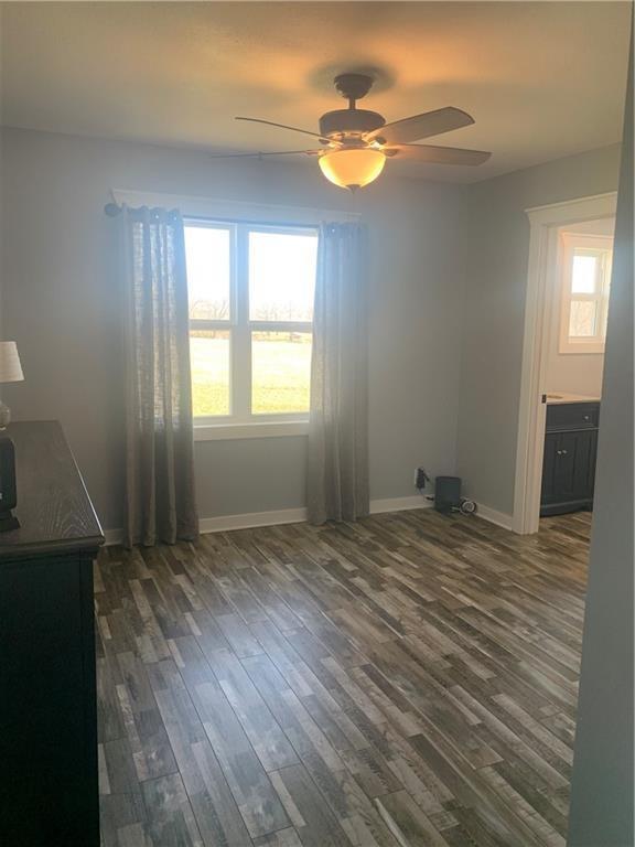 interior space with multiple windows, baseboards, and dark wood-style flooring