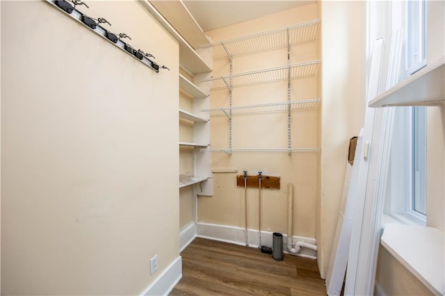 laundry area featuring dark wood-type flooring