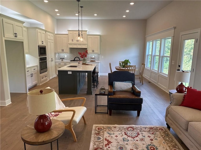 living room featuring wood-type flooring and sink