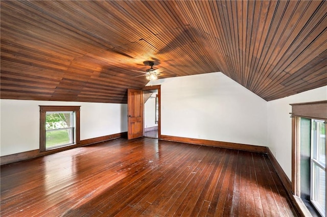 bonus room with wood ceiling, ceiling fan, dark wood-type flooring, and lofted ceiling