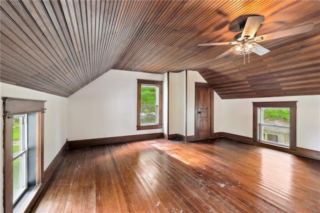 bonus room featuring dark hardwood / wood-style floors, ceiling fan, lofted ceiling, and wooden ceiling