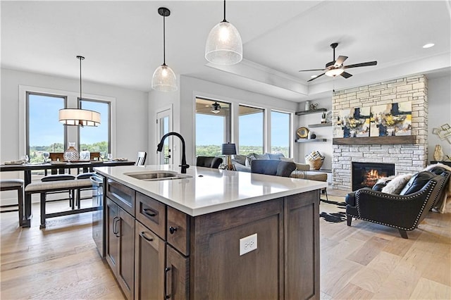 13028 S Constance St, Olathe, KS 66062 - kitchen featuring a ceiling fan, light wood-type flooring, light countertops, a fireplace, and ornamental molding