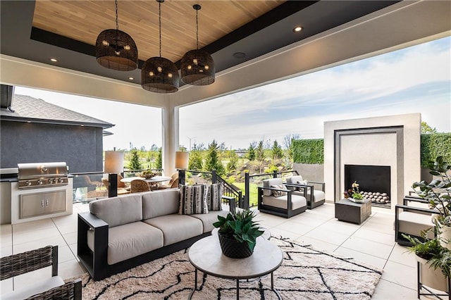 view of patio featuring an outdoor living space, grilling area, area for grilling, and ceiling fan