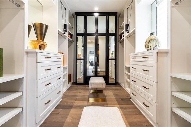 spacious closet with dark hardwood / wood-style floors