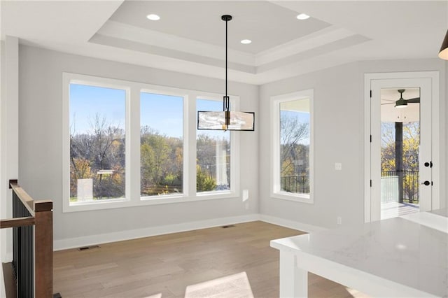 unfurnished dining area with plenty of natural light, light wood-type flooring, and a tray ceiling