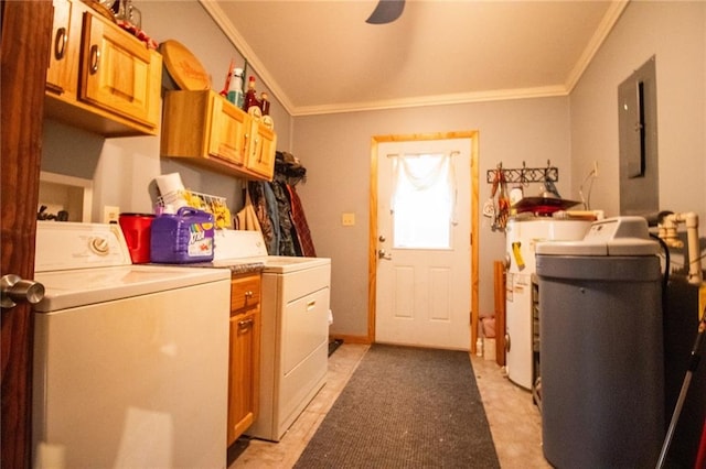 clothes washing area with crown molding, light tile flooring, and washer and clothes dryer