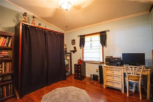 office with crown molding, dark wood-type flooring, and lofted ceiling