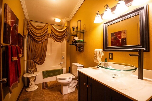 full bathroom with tile flooring, crown molding, shower / tub combination, toilet, and vanity