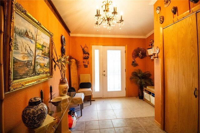 interior space with a notable chandelier, ornamental molding, and tile floors