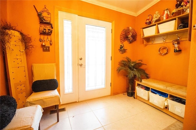 interior space with crown molding and tile flooring