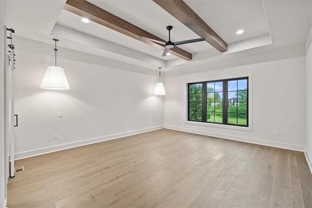 8736 N Lewis Ave, Kansas City, MO 64157 - spare room featuring baseboards, light wood finished floors, ceiling fan, beamed ceiling, and recessed lighting
