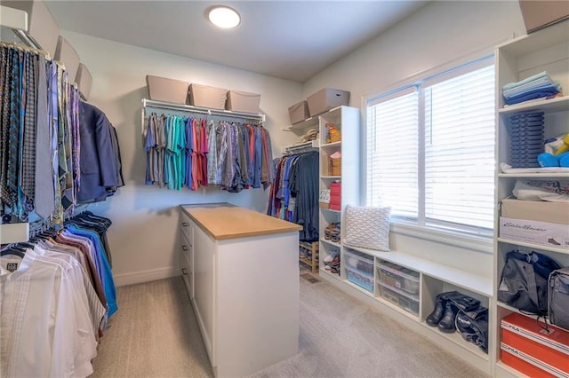 walk in closet with light colored carpet