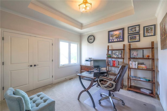 carpeted office space with ornamental molding and a raised ceiling