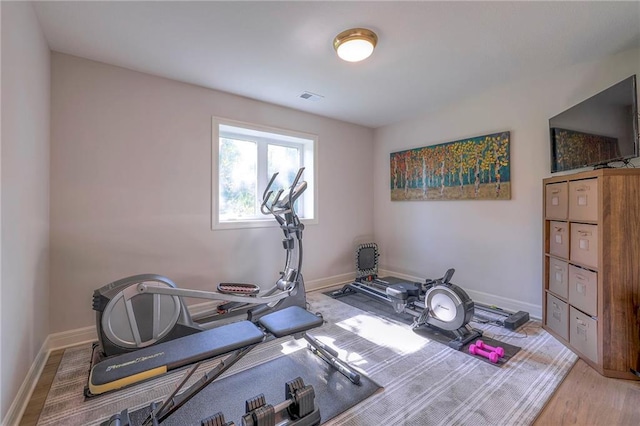 workout room featuring wood-type flooring