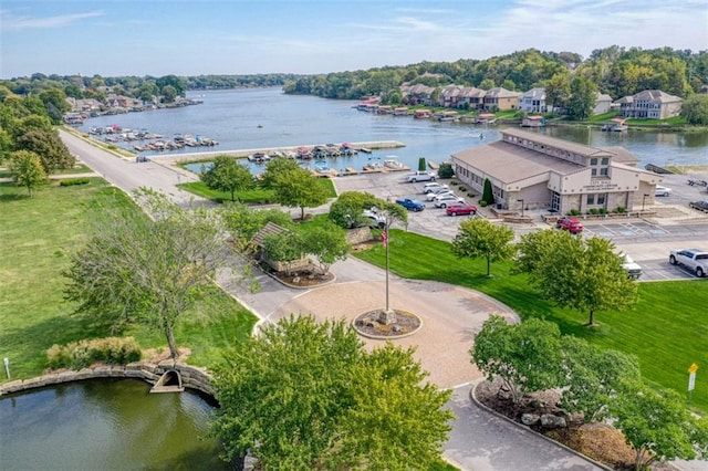 drone / aerial view with a water view