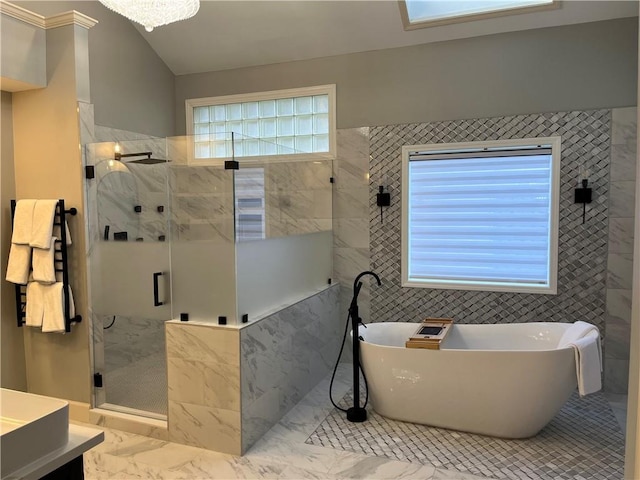 bathroom with vanity, plus walk in shower, and lofted ceiling