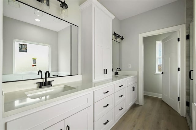 bathroom with vanity, hardwood / wood-style floors, and a healthy amount of sunlight